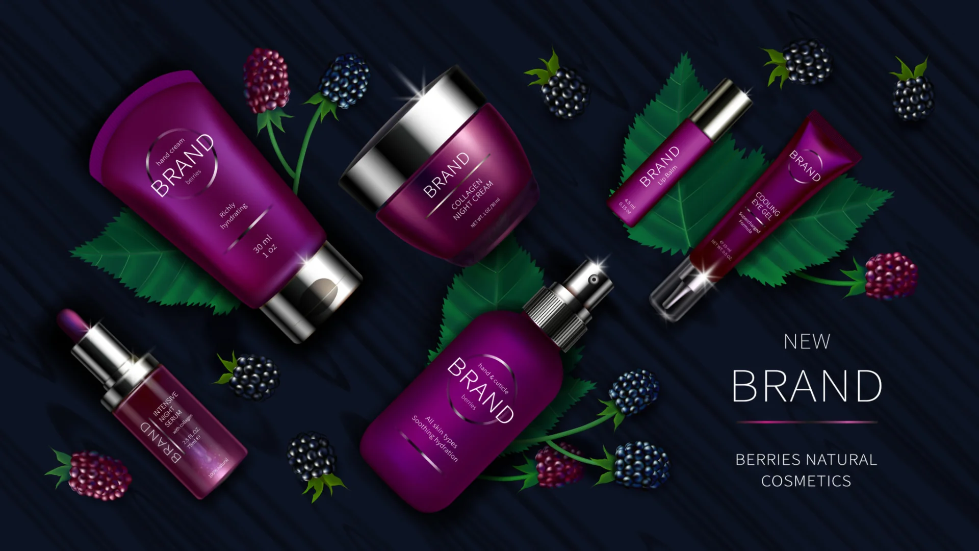 Assorted berry-themed cosmetic products such as hand cream, night cream, lip balm, and serum on dark background with berries and leaves.